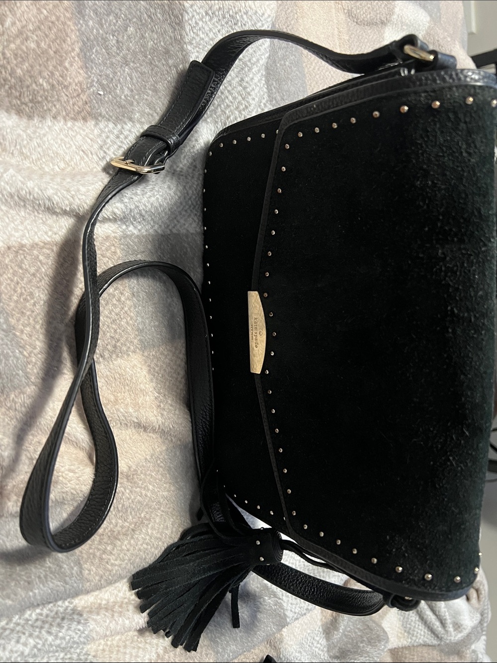 kate spade Black Suede Crossbody with Tassel and Gold Studs
